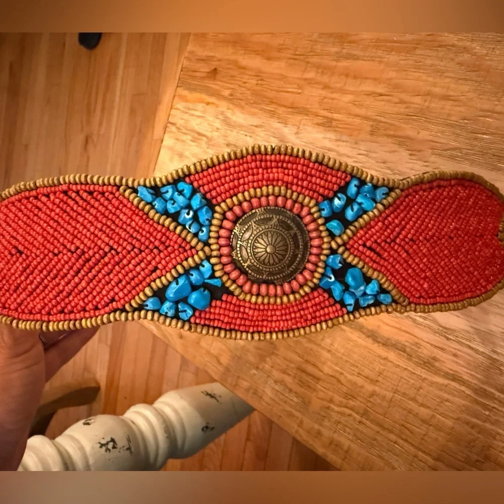 Red Blue Wood Glass & Turquoise Beaded Belt Fits 29 Waist